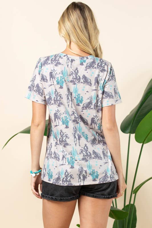 Grey Teal AT1303-BARB WESTERN PRINT SHORT SLEEVE V-NECK TEE for wholesale on Faire11