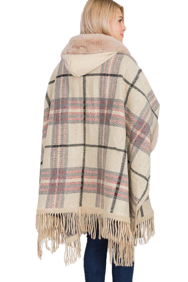 Grigio Poncho con cappuccio Ruana a silhouette aperta in stile eschimese scozzese in vendita all'ingrosso su Faire3