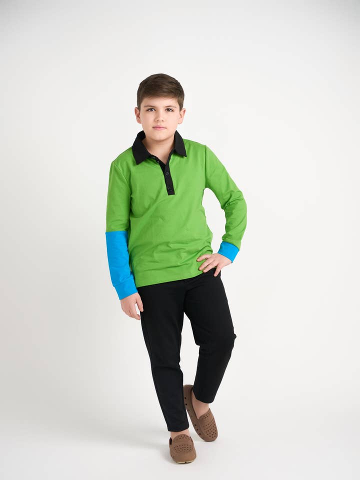 Emerald Color Block Polo Long Sleeve for wholesale by Mofi Boys Clothing
