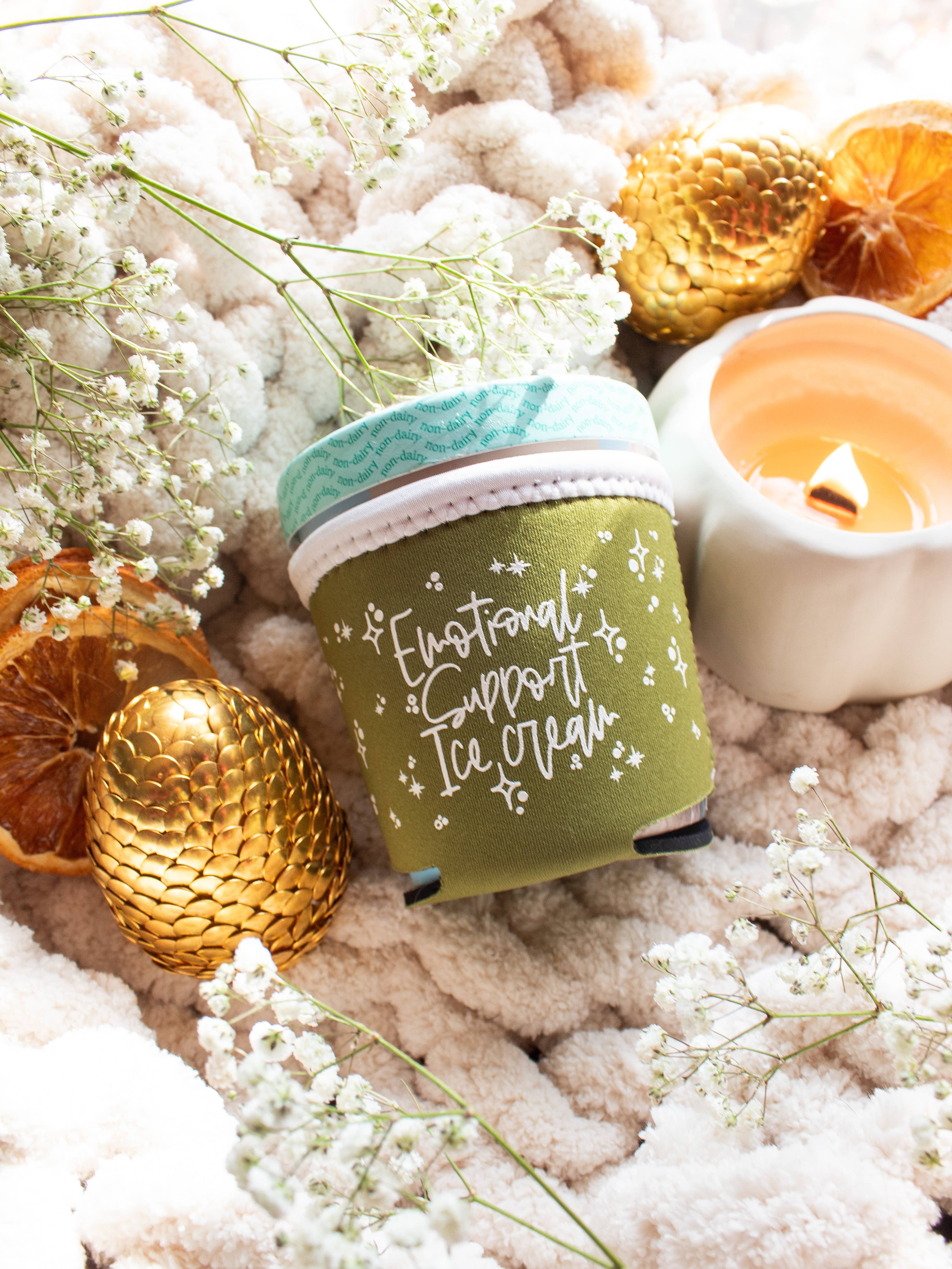 Meaggie Moos - Wholesale Drink Huggers & Koozies - Ice Cream Pint Sleeve | Emotional Support Ice Cream | Green