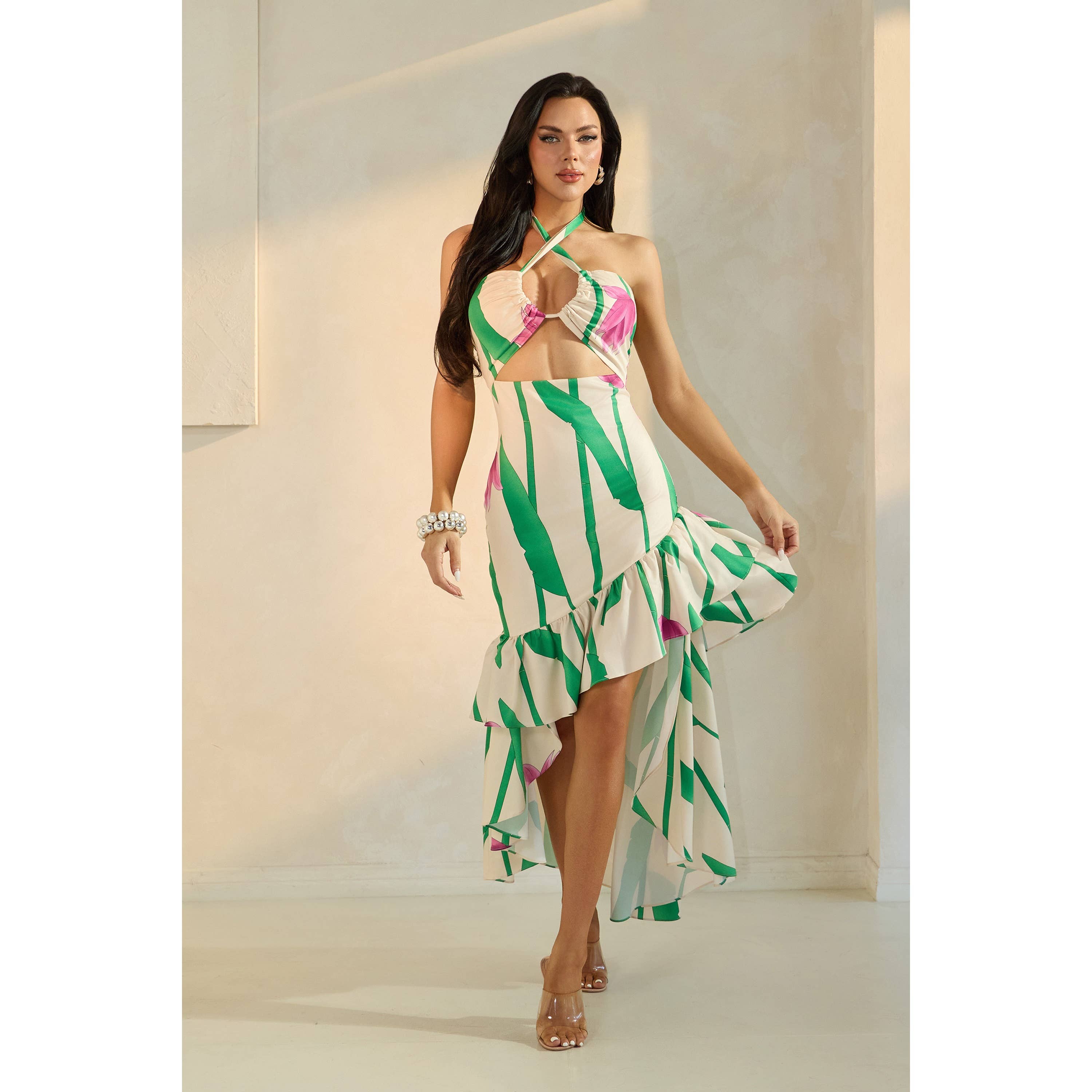 The Sang - Wholesale Dress - Women's - PRINTED SLANTED HALTER CROSS NECK MAXI DRESS9