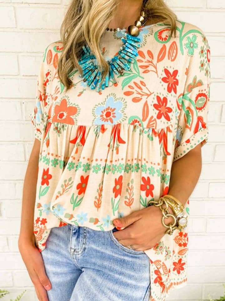 APRICOT CWTBLS1401_VINTAGE PRINTED SHORT-SLEEVED CHIFFON TOP for wholesale on Faire
