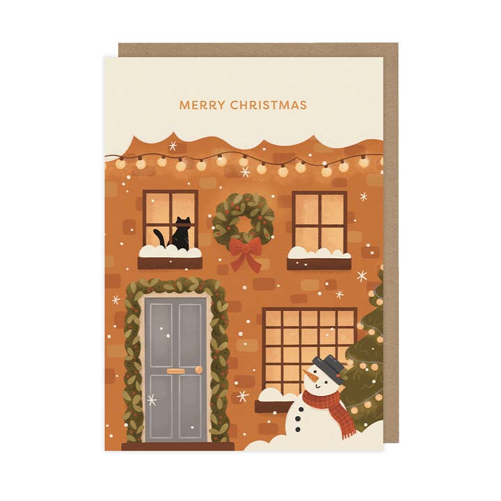 Cozy Christmas House with Cat, Christmas Singles Cards for wholesale by Hopscotch Paper Co.