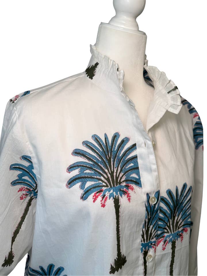 Women's Palm Tree Print Ruffled Collared Blouse for wholesale by Rena Lina