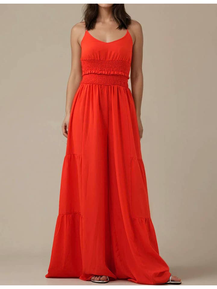 Red Ladies Halter Overall Elastic Waist Wide Leg Jumpsuit SKJ5KC901 for wholesale on Faire