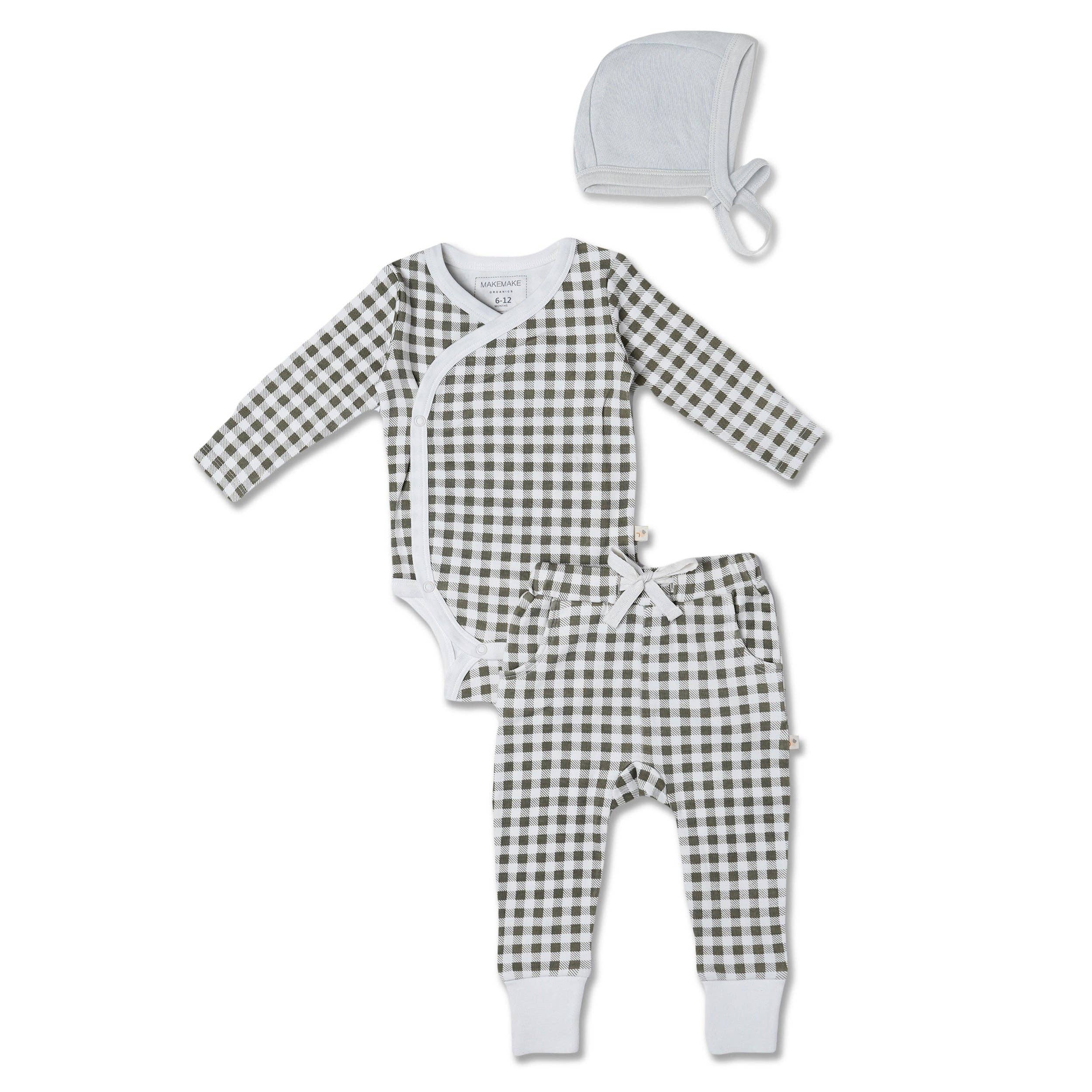 Makemake Organics - Wholesale Clothing Set - Baby - Organic Kimono Onesie & Pants Set - Olive Gingham0