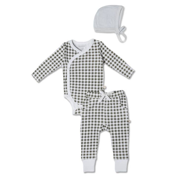 Makemake Organics - Wholesale Clothing Set - Baby - Organic Kimono Onesie & Pants Set - Olive Gingham