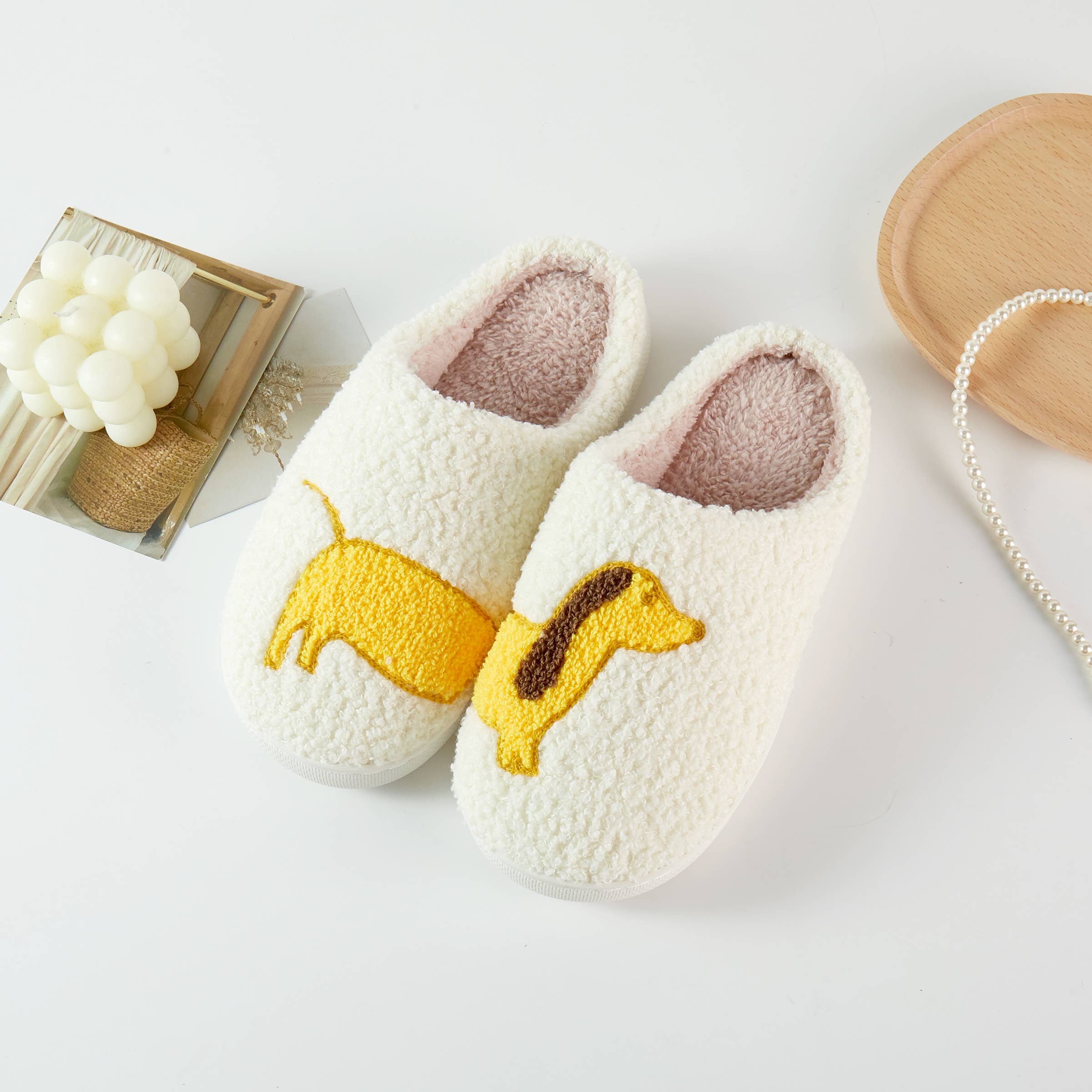 Yellow 6 Pairs Pre Pack Dachshund Plush Novelty Slippers Cozy for wholesale on Faire0