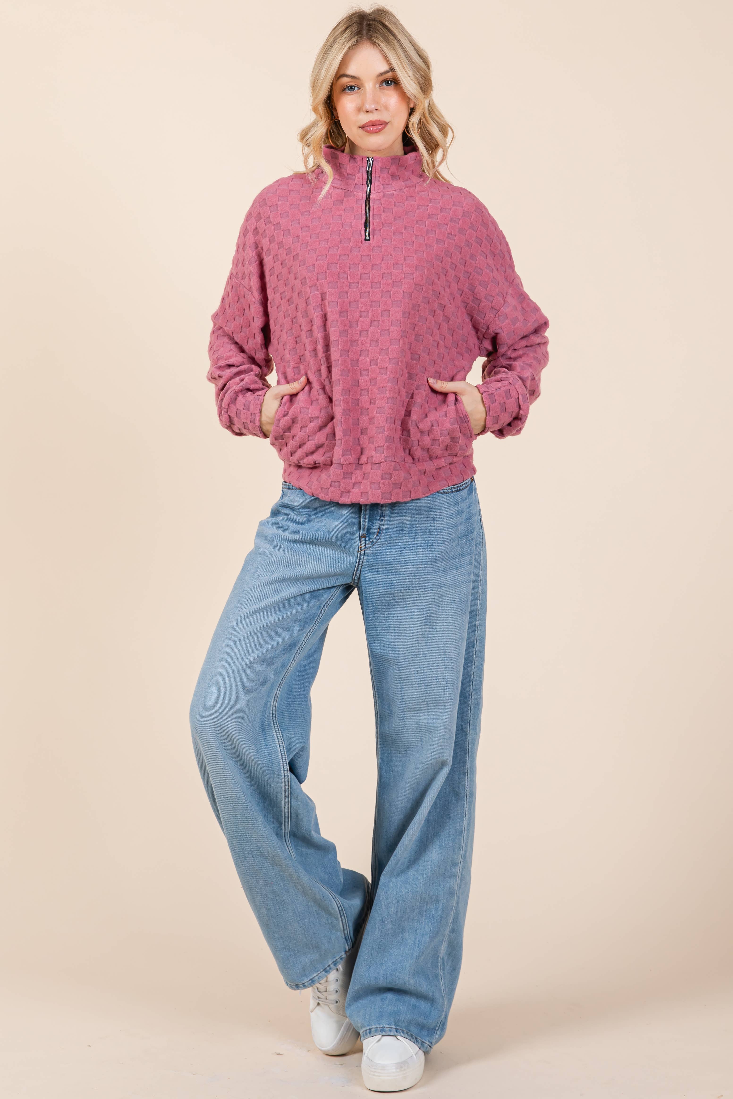 BOMBOM - Wholesale Sweatshirt - Women's - TL1997 FUZZY CHECKERED 1/4 ZIP TOP 14