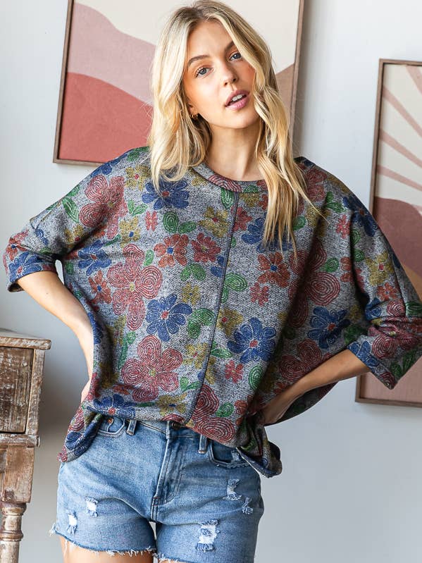 REMOVED BRAND - Wholesale Knit Top - Women's - Fall Floral Short Sleeve Transitional Top PLUS- HTP12466