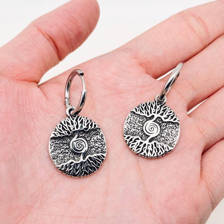 Tree of Life Charm Stainless Steel Huggie Earrings - MJ for wholesale by Mio Queena
