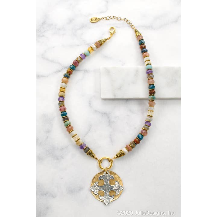 Julio Designs - Wholesale Pendant/Charm Necklace - Ginsburg Gemstone with Maltese Cross Pendant