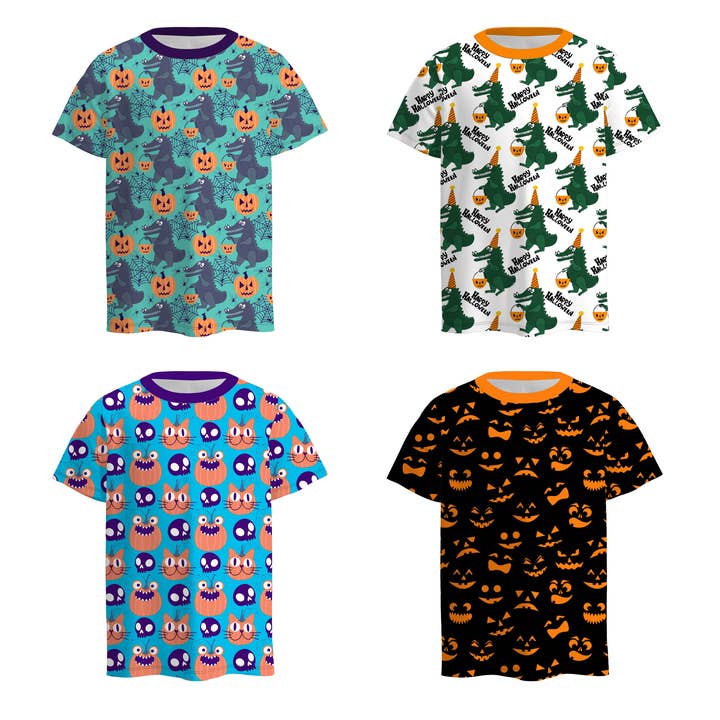 T-shirt à manches courtes col rond pour garçons Halloween automne visage de citrouille fantôme dinosaure pour la vente par Auraquise