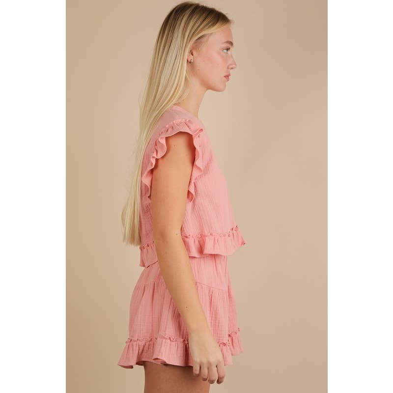 IVE - Vente Ensemble haut et short (PAS d'intérieur) - Femme - Ensemble haut tissé uni à volants ET short20