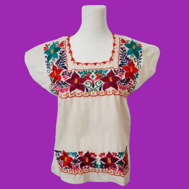 Blouse brodée florale mexicaine brodée traditionnelle Otomi Blouse mexicaine colorée Huipil du Mexique pour femmes - Blanc cassé pour la vente par Puerta21