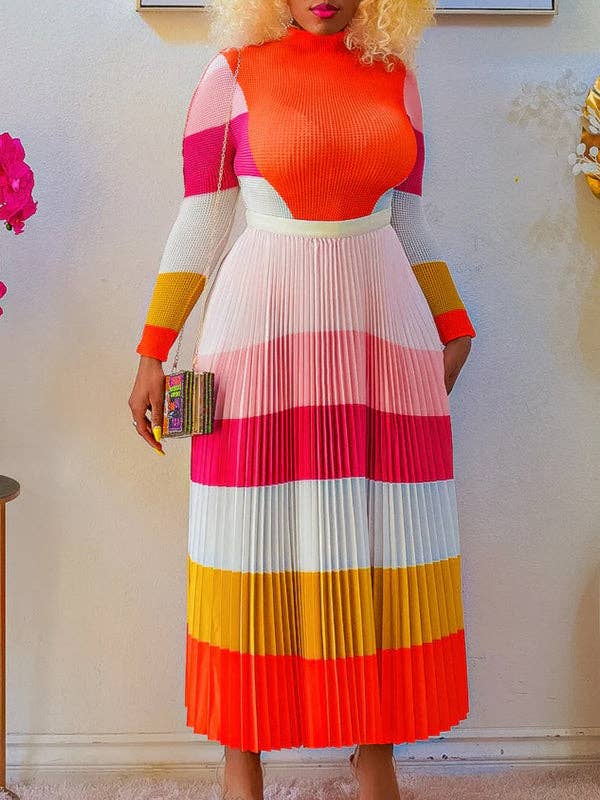 Sheer Trend - Venta al por mayor Conjuntos de top y falda - Mujer - Conjunto de dos piezas de blusa de manga larga con cuello simulado, estampado plisado de color contrastante y falda en talla grande.4