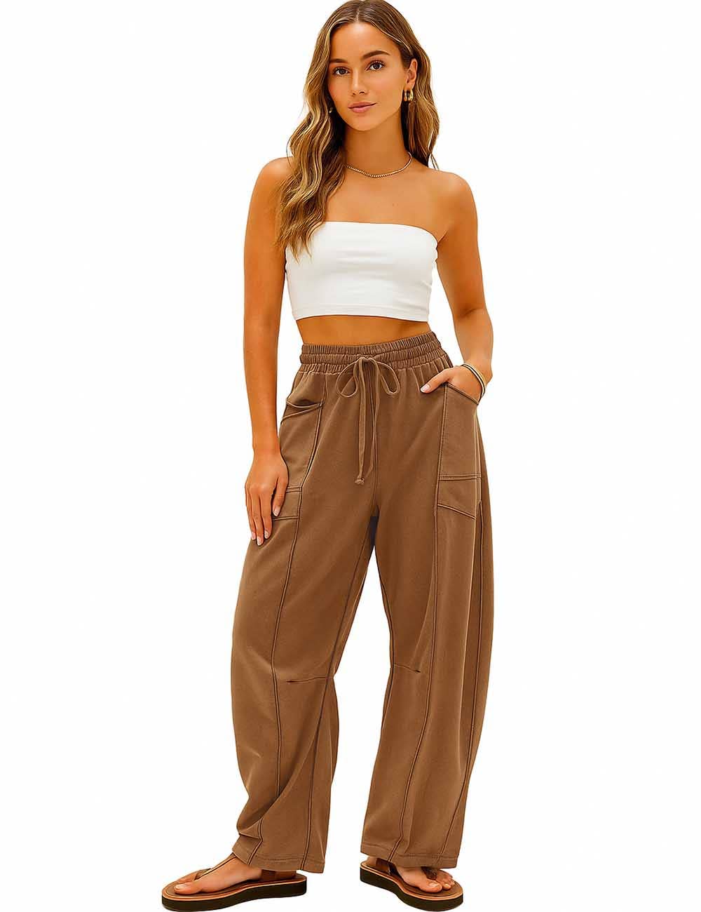 Sweetkama - Wholesale Pants - Women's - Ladies Contrast Stitching Elastic Waist Drawstring Barrel Pants6