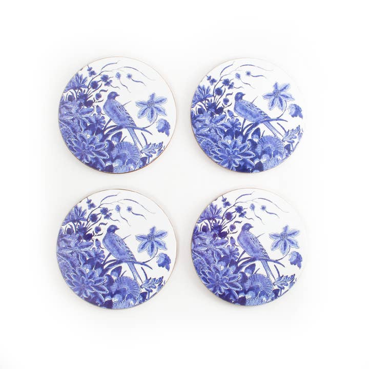 Set of 4 round coasters , Delft blue Bird, Rijksmuseum for wholesale by MUSEUM WEBSHOP
