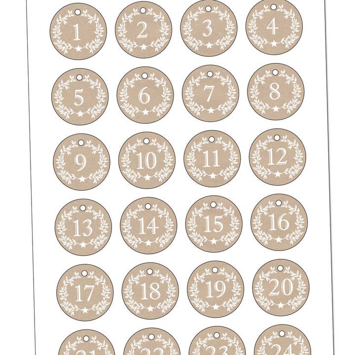 24 ANHÄNGER ADVENTSKALENDERZAHLEN 1 - 24 • Zweige weiß für den Großhandel von fioniony®