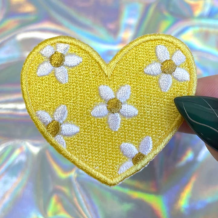 Yellow Heart with Daisies Iron On Patch for wholesale by The Crafty Engineer
