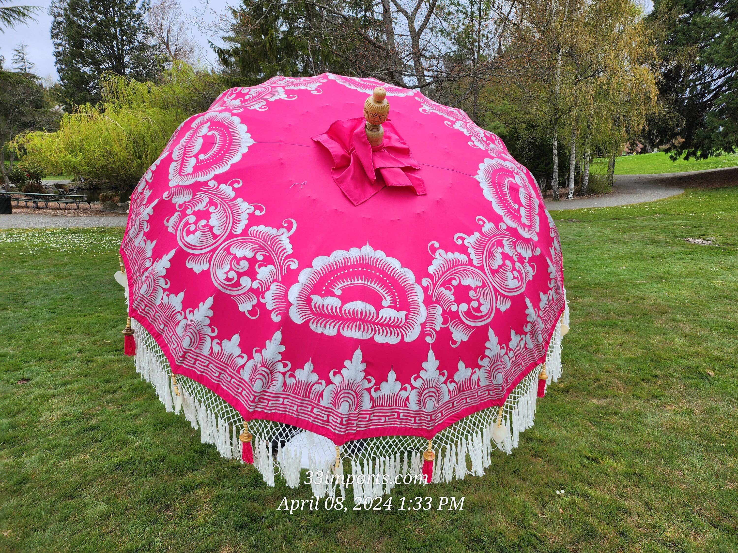 baligood - Wholesale Patio Umbrella - PINK & SILVER FULL FRINGE BALINESE UMBRELLA7