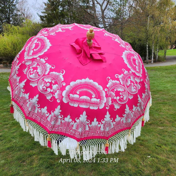 baligood - Wholesale Patio Umbrella - PINK & SILVER FULL FRINGE BALINESE UMBRELLA7
