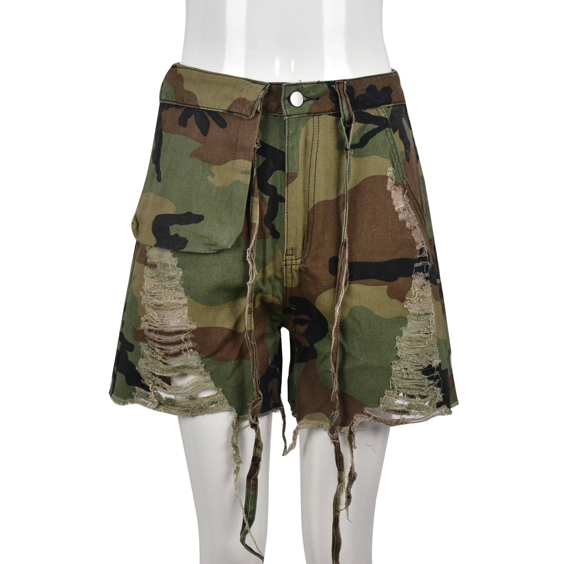 CAMOUFLAGE MB FASHION Camo Distressed Shorts with Frayed Hem 6603LY for wholesale on Faire2