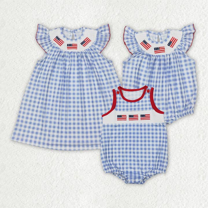 Barboteuses et robes à drapeaux pour bébés garçons et filles frères et sœurs pour le 4 juillet pour la vente par Aier Wholesale