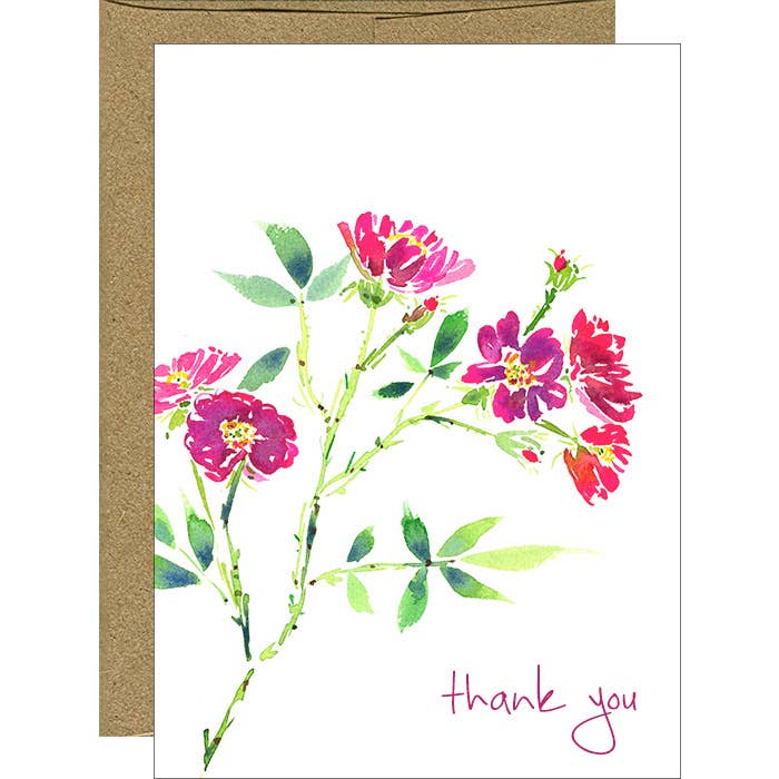 Watercolor Miniature Rose Thank You Notecards - Box of 8 for wholesale by Pink Bathtub Designs