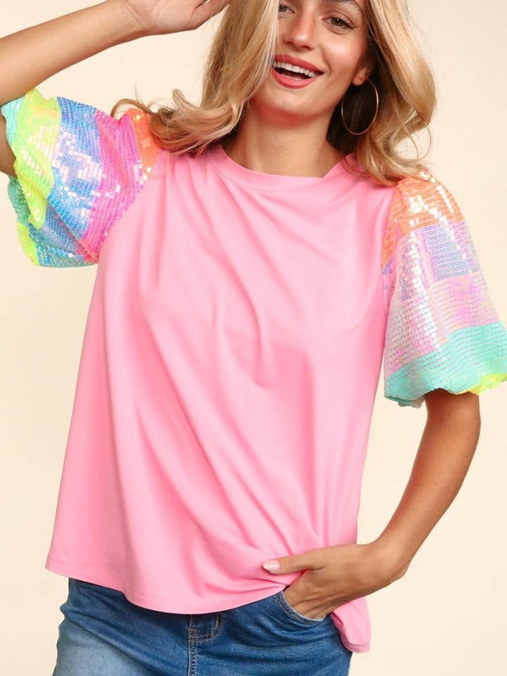 Regenbogen-Pastell-Pailletten-Puffärmel-Top für den Großhandel von Pretty Little Patriot LLC