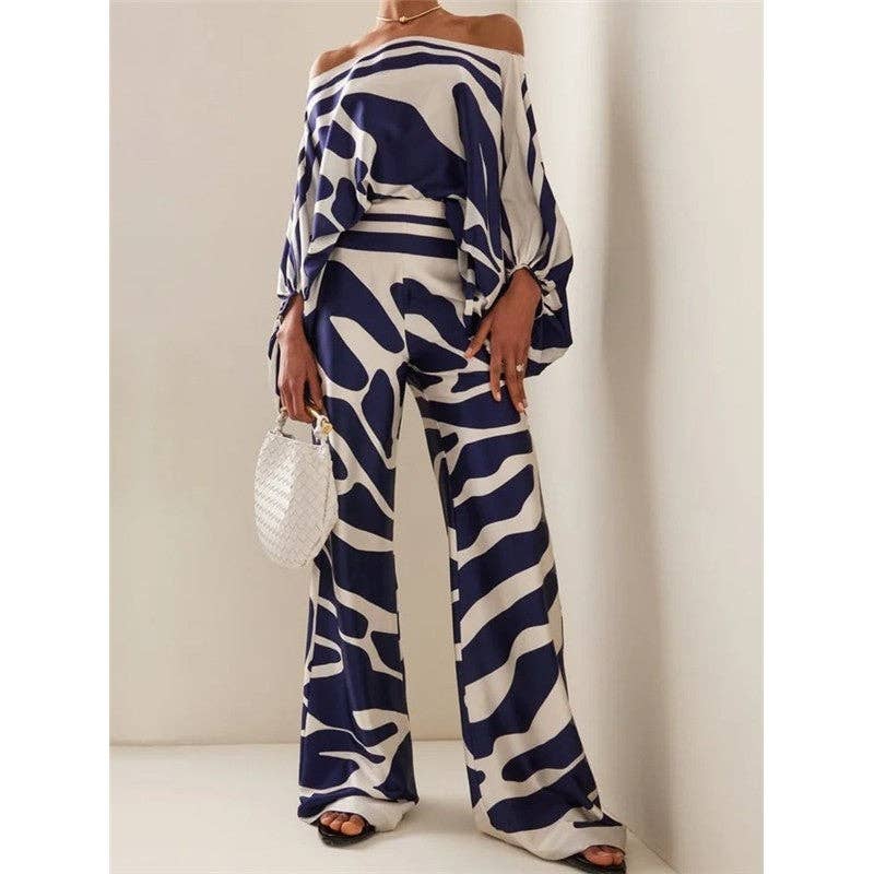 UZ Wholesale Store - Wholesale Top & Pant Set (NOT Loungewear) - Women's - Printing Boat Neck Balloon Sleeve Top And Wide Leg Pants Two Pieces Suits4