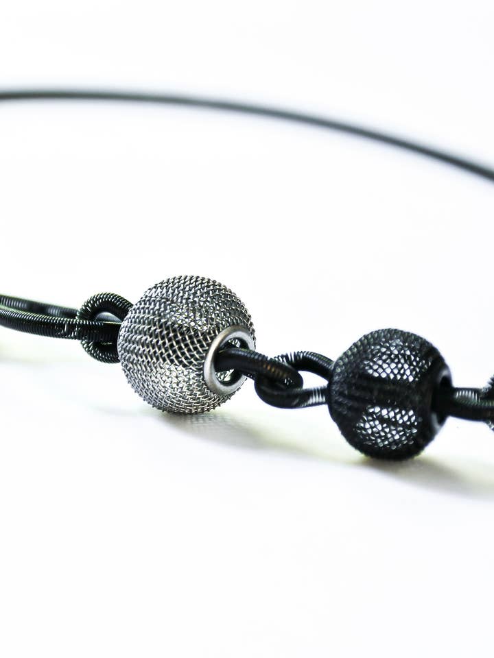 Wire Link & Chain Necklace, Black & Silver Mesh Balls for wholesale by Sea Lily