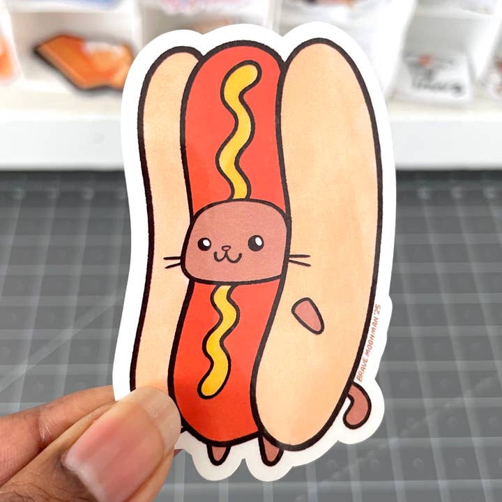 Hotdog Cat Vinyl Sticker for wholesale by Brave Moonman