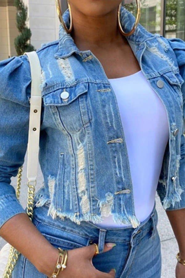 Aria Romance – wholesale Jeansjackor – Dam – Distressed jeansjacka med puffärmar3