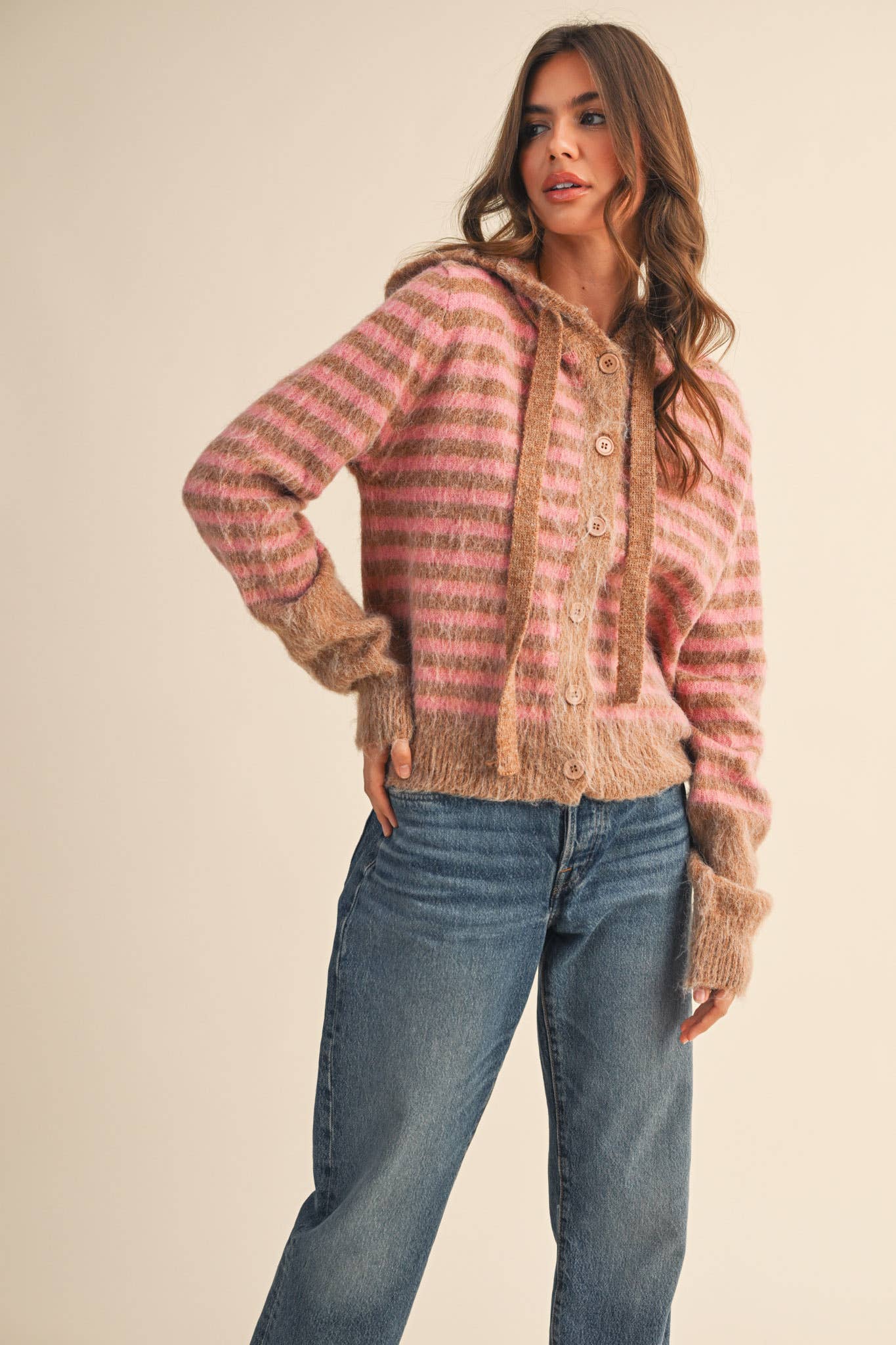 &MERCI - Wholesale Cardigan - Women's - STRIPED HOODIE SWEATER CARDIGAN MSW1106362