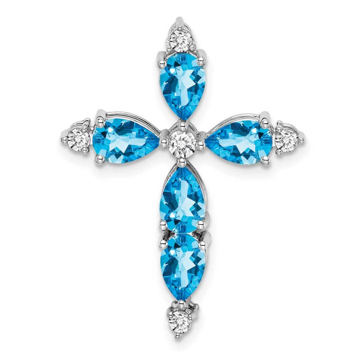 10K White Gold Blue Topaz and Diamond Cross Chain Slide for wholesale by Sophia Jewelers