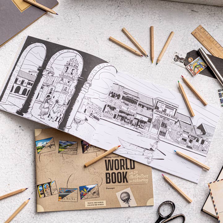 Recycled Paper World Travel Coloring Book for wholesale by Trouvaille Global