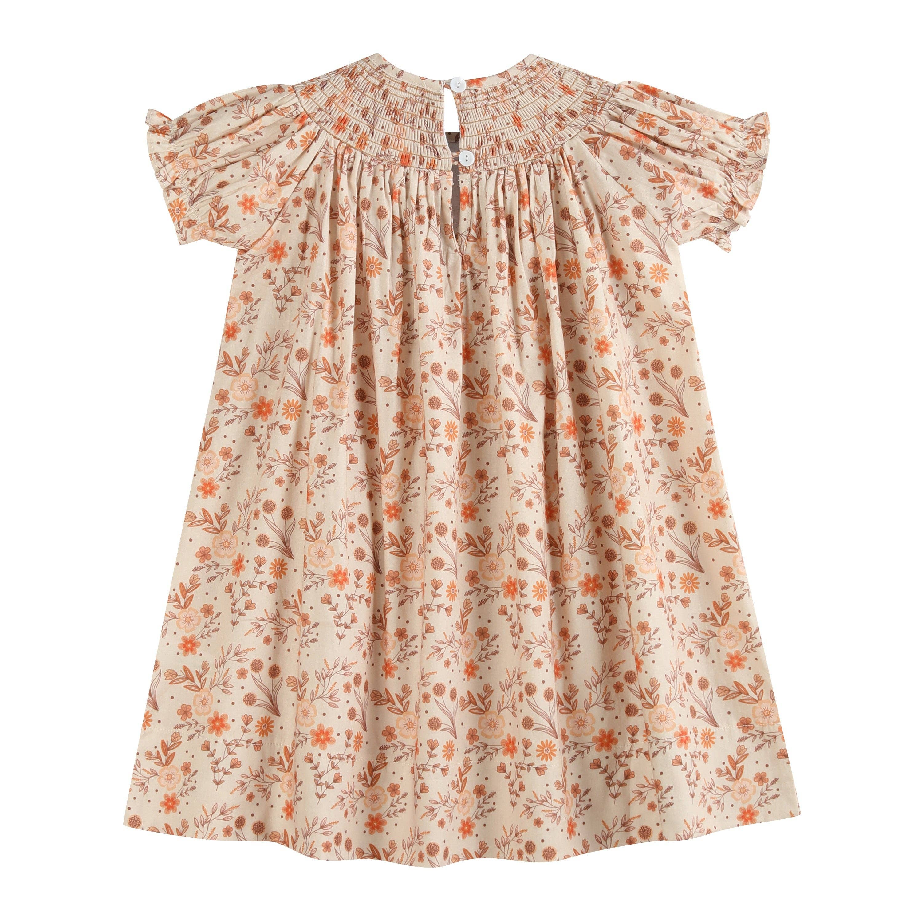 Lil Cactus - Wholesale Dress - Kids - Brown Floral Smocked Bishop Dress1