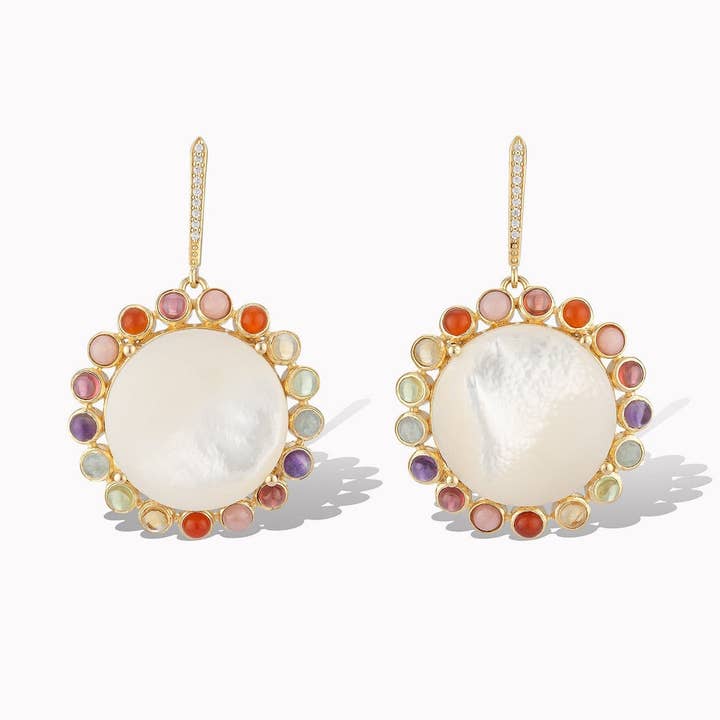 Pavé & Rainbow Mother of Pearl Drop Earrings for wholesale by Laura Foote Designs