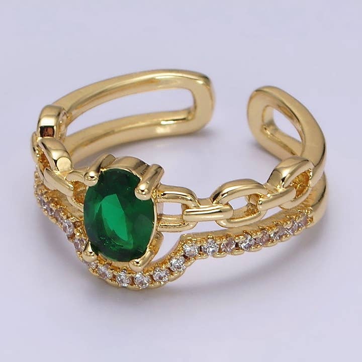 Gold Filled Green CZ Oval Cable Link CZ Double Band Ring for wholesale by Aim Eternal