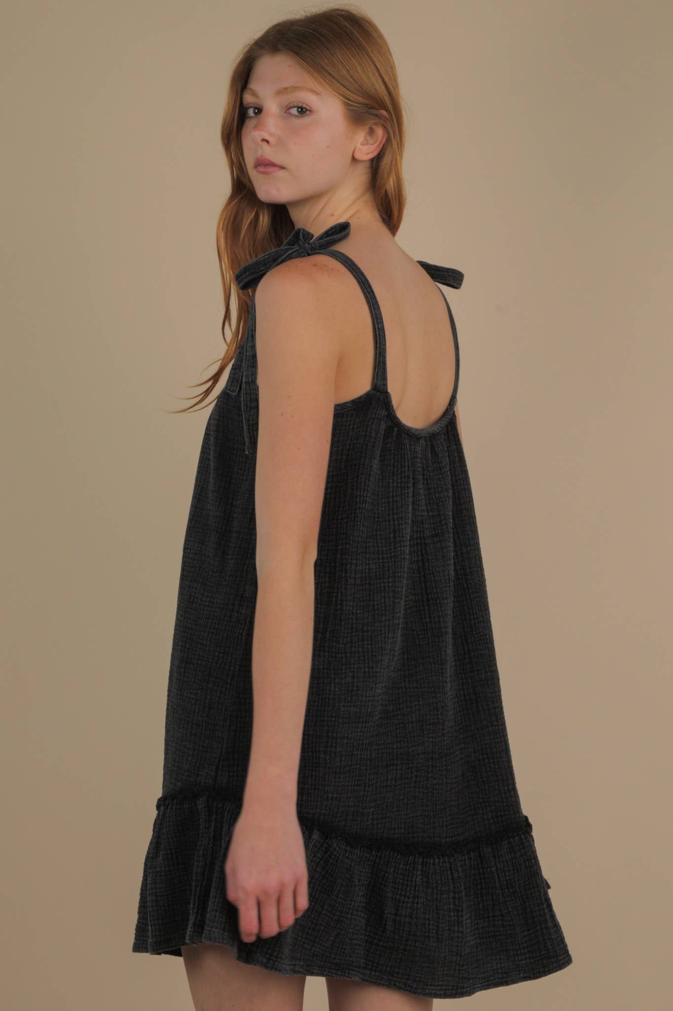 VERY J - Wholesale Dress - Women's - ND31743-Mineral Washed Shoulder Tie Mini Dress10