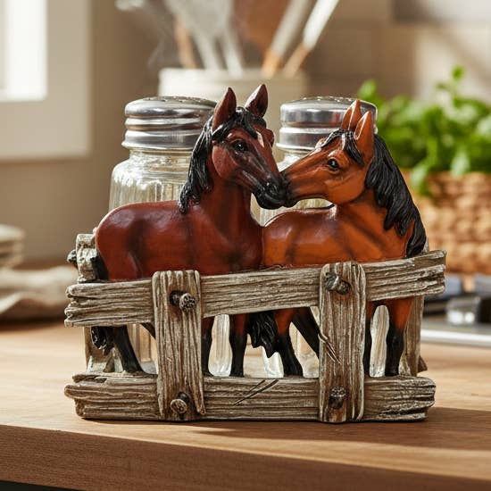Banyard Western Horses Salt and Pepper Shaker Holder Set for wholesale by De Leon Collections