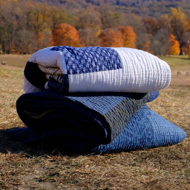 Indigo Over-dyed Cotton Patchwork Throw Quilt for wholesale on Faire3