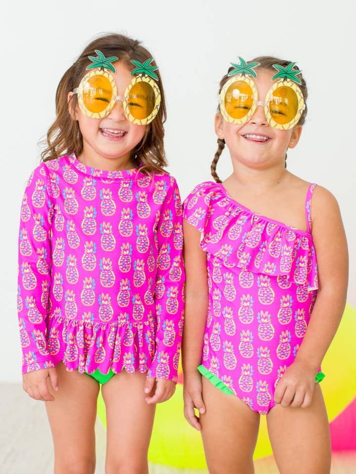 Pink Girls Neon Violet Pineapples One Shoulder One Piece Swimsuit for wholesale on Faire