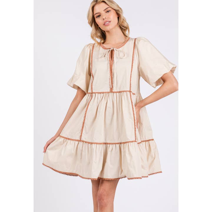 Beige RUSTIC TIERED PRAIRIE MINI DRESS (SD7694) for wholesale on Faire4