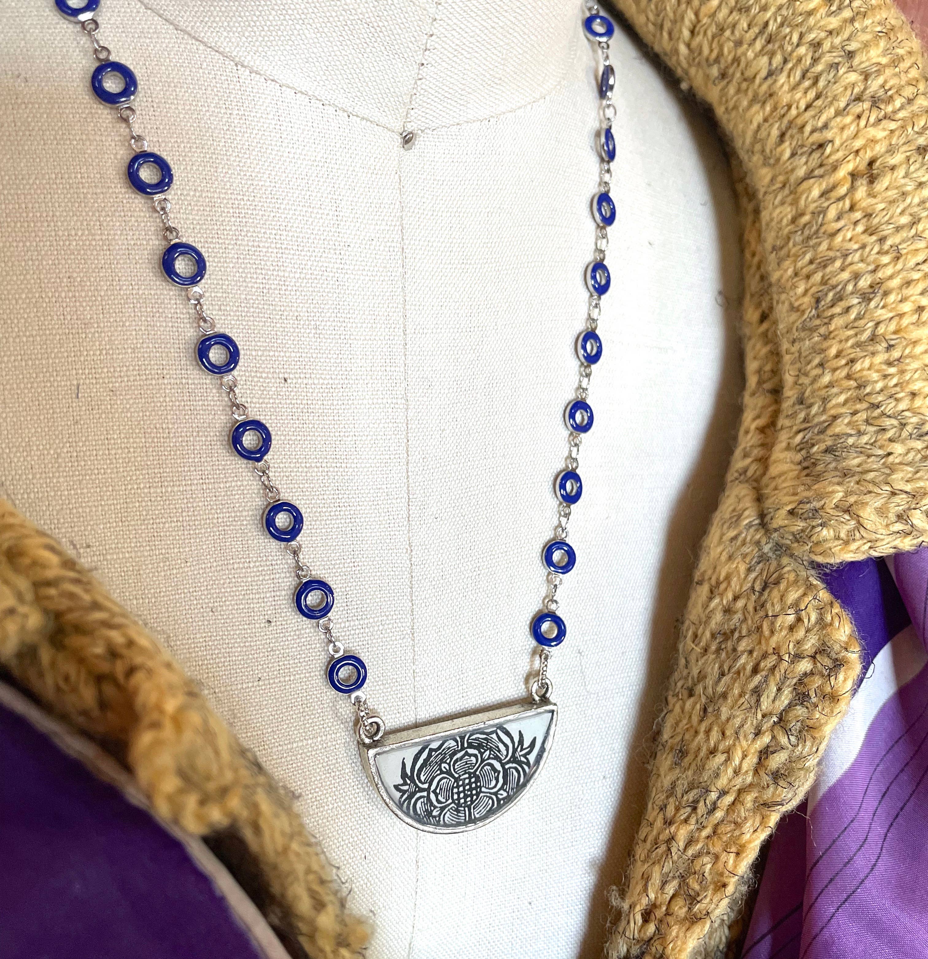 joeyfivecents - Wholesale Pendant/charm necklace - Art Deco Demi crescent necklace- b&w botanicals cobalt chain4