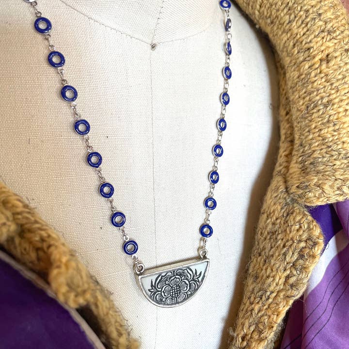 joeyfivecents - Wholesale Pendant/charm necklace - Art Deco Demi crescent necklace- b&w botanicals cobalt chain4