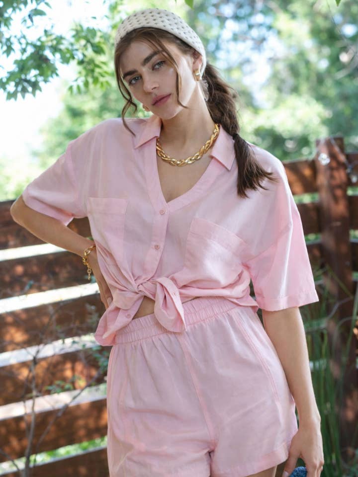 COLLARED V NECK BUTTON DOWN SHIRT for wholesale by Blu Pepper