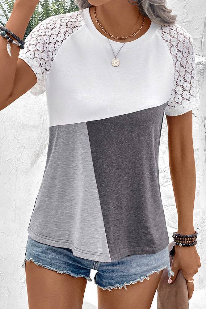 UNISHE - Wholesale Knit Top - Women's - Color Block Lace Sleeves Top YBL05815