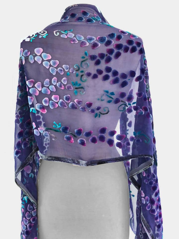 Devoré Silk-Velvet Hand painted Scarf/Shawl in Willows for wholesale by Sherit Levin Textiles